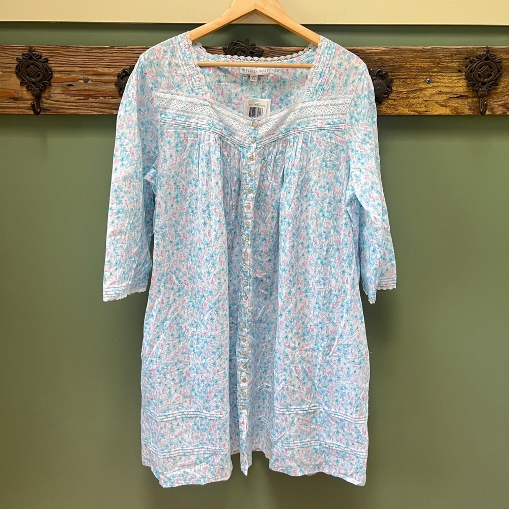 Eileen West Blue Floral Cotton Lace Trim Button Front Nightgown XL NEW 82035